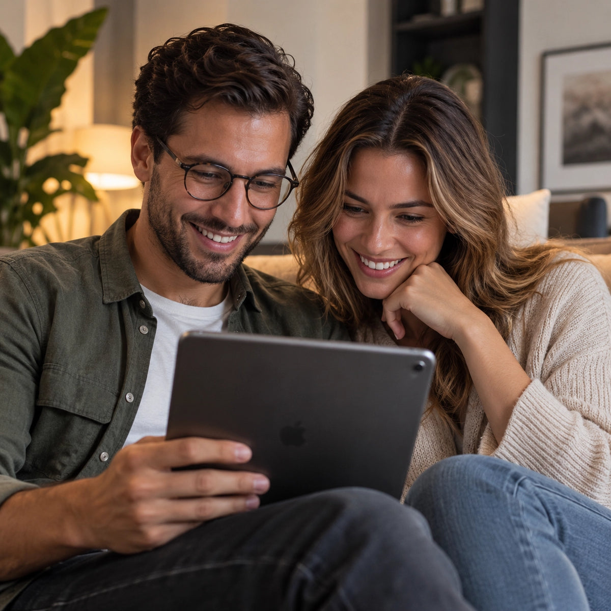 Couple reading the ZENLUCA hair loss ebook together on a tablet at home