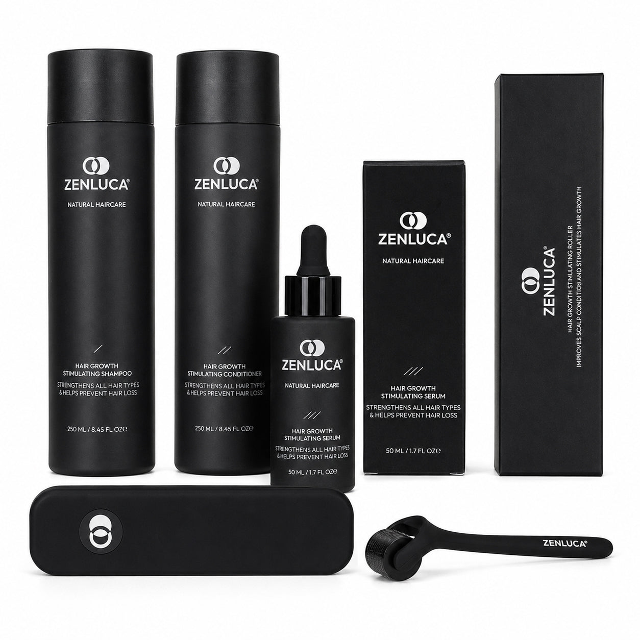 ZENLUCA Full Range Set with Hair Growth Stimulating Shampoo, Conditioner, Serum and Roller, natural haircare that strengthens hair and helps prevent hair loss