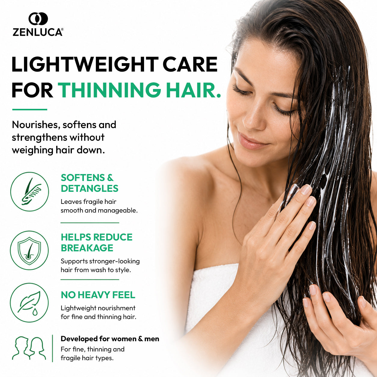 Woman applying ZENLUCA Hair Growth Stimulating Conditioner, a lightweight formula that softens hair and helps reduce breakage