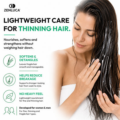Woman applying ZENLUCA Hair Growth Stimulating Conditioner, a lightweight formula that softens hair and helps reduce breakage