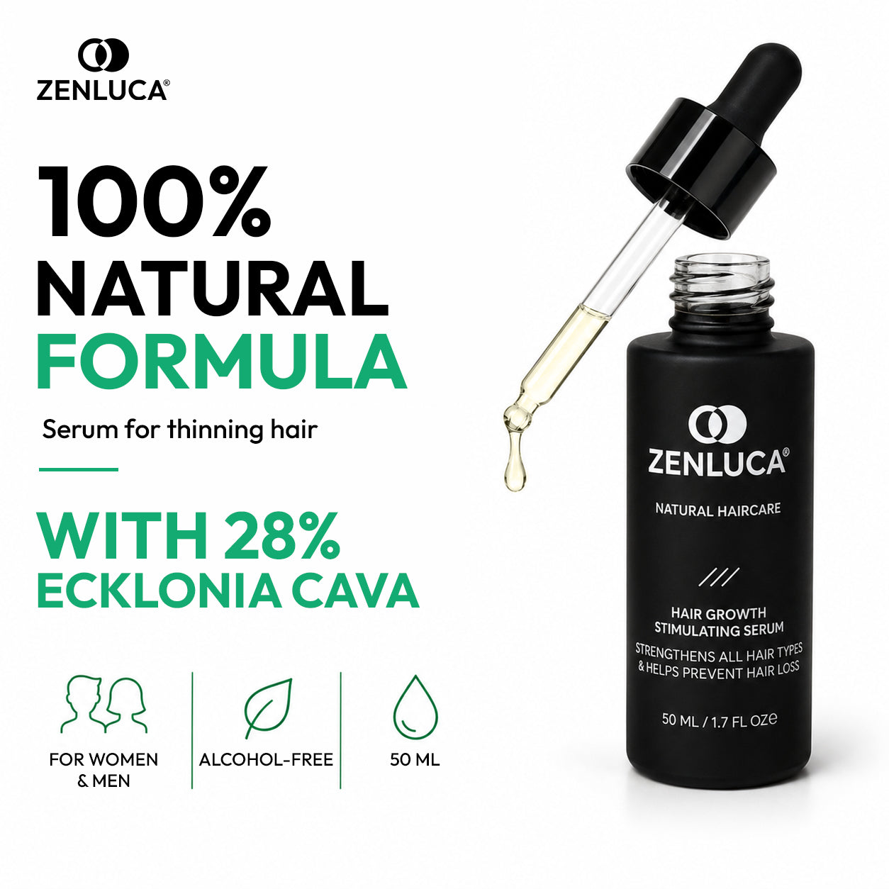 ZENLUCA Hair Growth Stimulating Serum with 28% Ecklonia Cava, alcohol-free formula for women and men with thinning hair