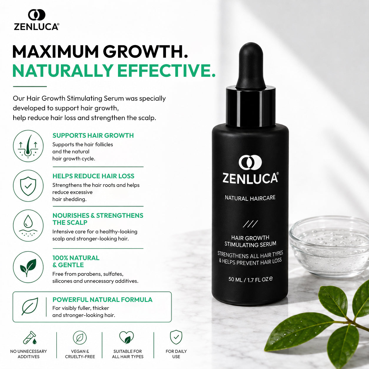 ZENLUCA Hair Growth Stimulating Serum, 100% natural vegan formula that supports hair growth and reduces hair loss