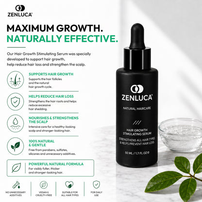 ZENLUCA Hair Growth Stimulating Serum, 100% natural vegan formula that supports hair growth and reduces hair loss