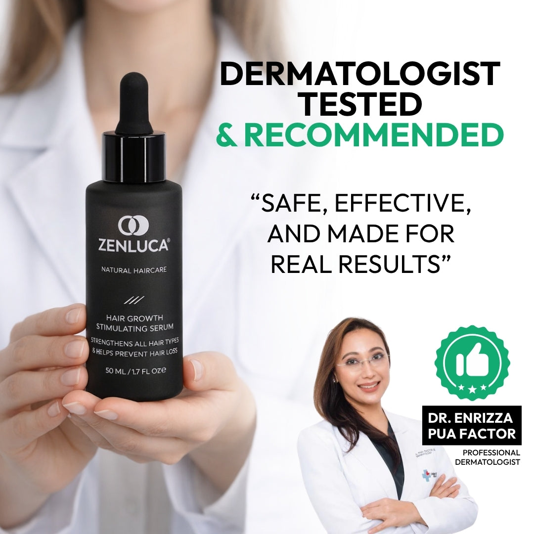 ZENLUCA Hair Growth Stimulating Serum, dermatologist tested and recommended by Dr. Enrizza Pua Factor