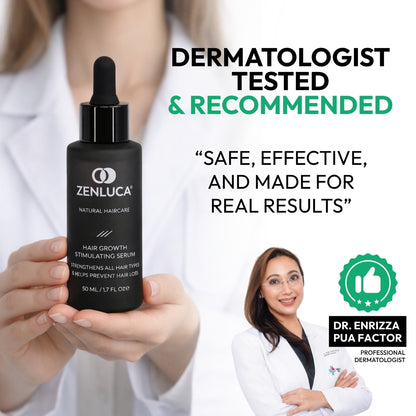 ZENLUCA Hair Growth Stimulating Serum, dermatologist tested and recommended by Dr. Enrizza Pua Factor