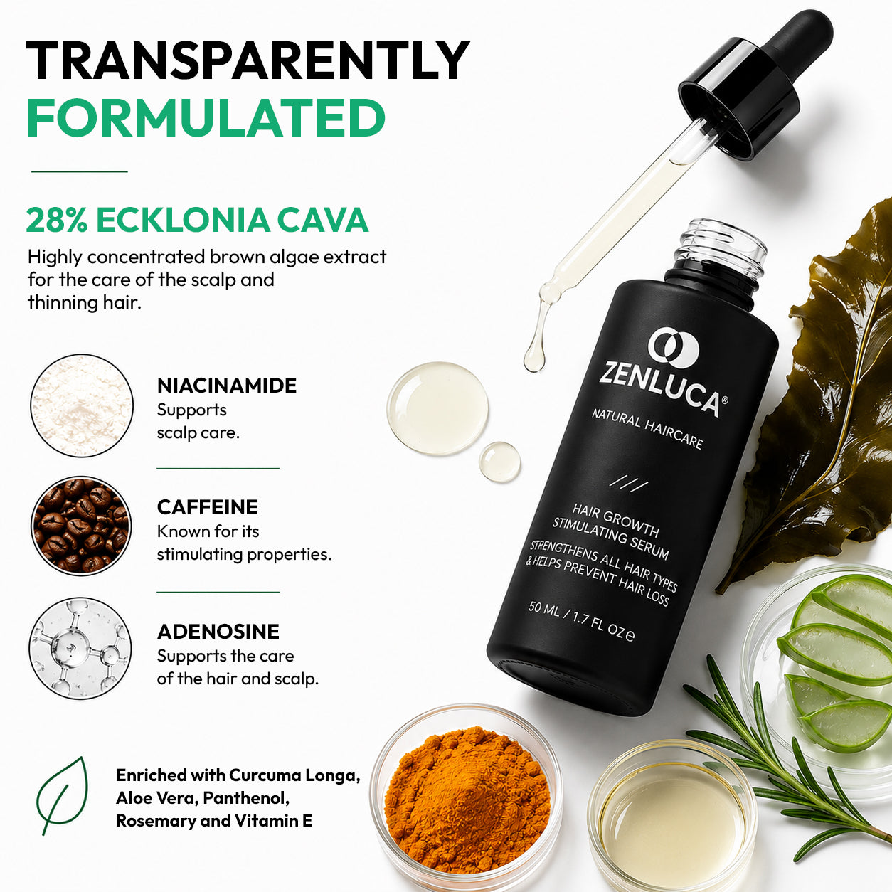 ZENLUCA Hair Growth Stimulating Serum with 28% Ecklonia Cava, niacinamide, caffeine and adenosine for scalp and hair care
