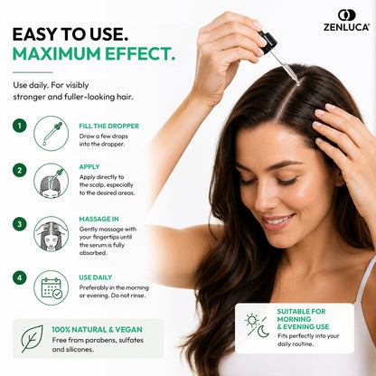 Woman applying ZENLUCA Hair Growth Stimulating Serum to her scalp, following the fill, apply, massage and daily use routine