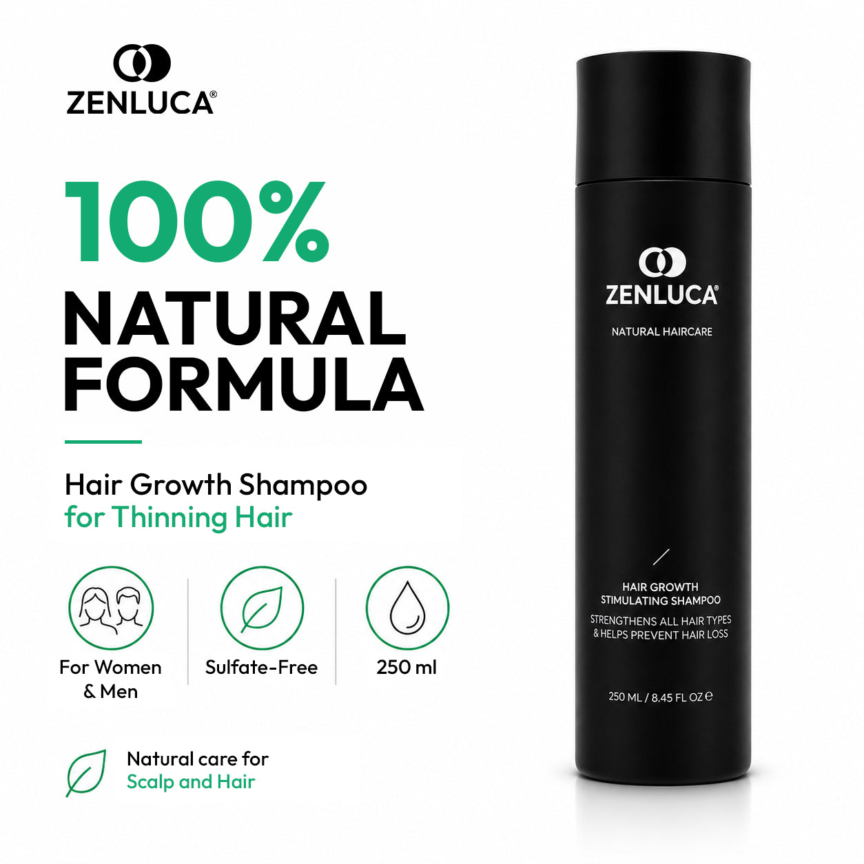 ZENLUCA Hair Growth Stimulating Shampoo, 100% natural sulfate-free formula for women and men with thinning hair