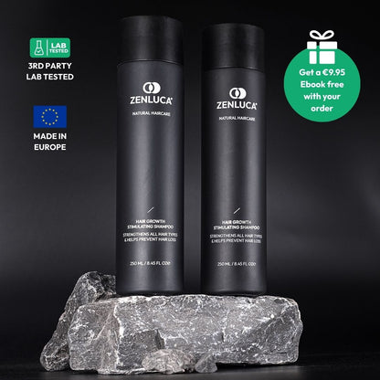 Two bottles of ZENLUCA Hair Growth Stimulating Shampoo, 250ml, third-party lab tested and made in Europe