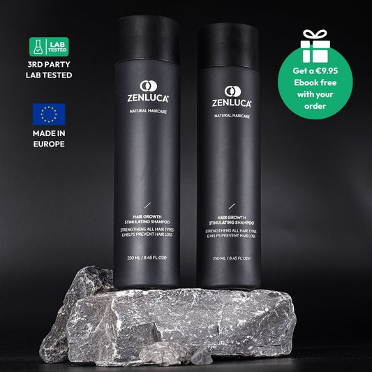 Two bottles of ZENLUCA Hair Growth Stimulating Shampoo, 250ml, third-party lab tested and made in Europe