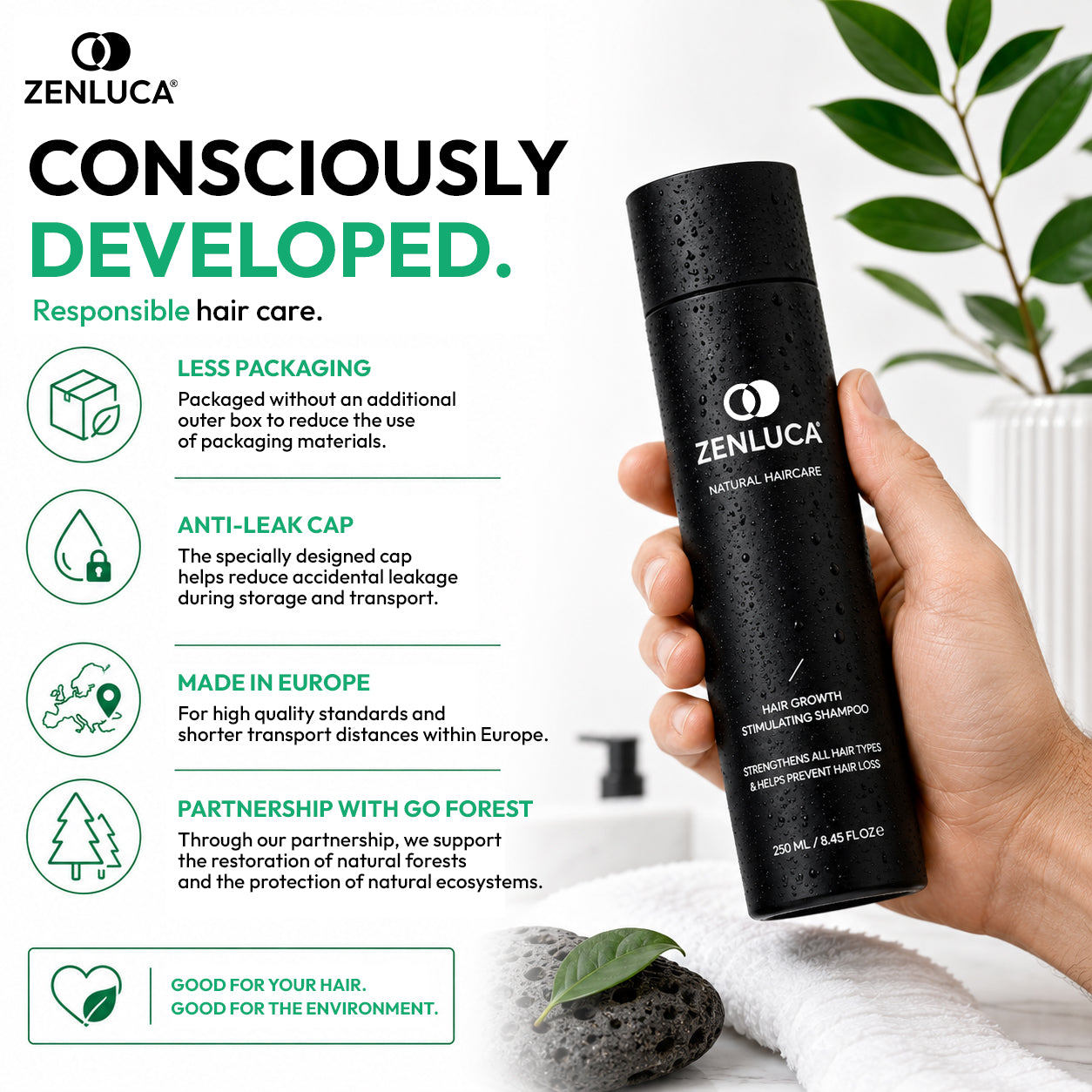 ZENLUCA Hair Growth Stimulating Shampoo, sustainably packaged and made in Europe with a Go Forest reforestation partnership