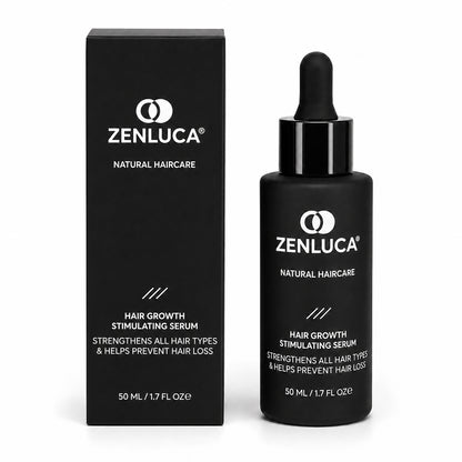 ZENLUCA Hair Growth Stimulating Serum bottle with dropper and packaging box, 50ml natural haircare that strengthens hair and helps prevent hair loss